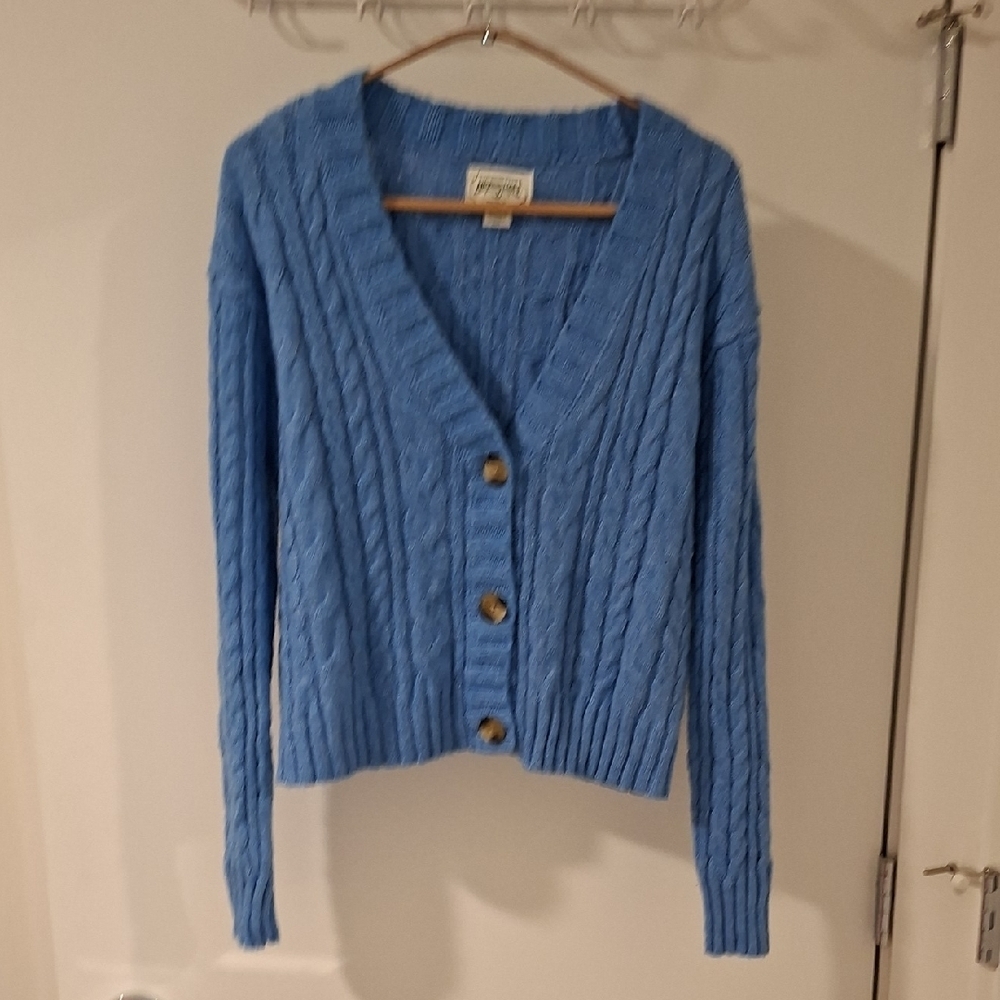 American Eagle Women's Vibrant Blue Cropped Cable Knit Cardigan (Size XS)